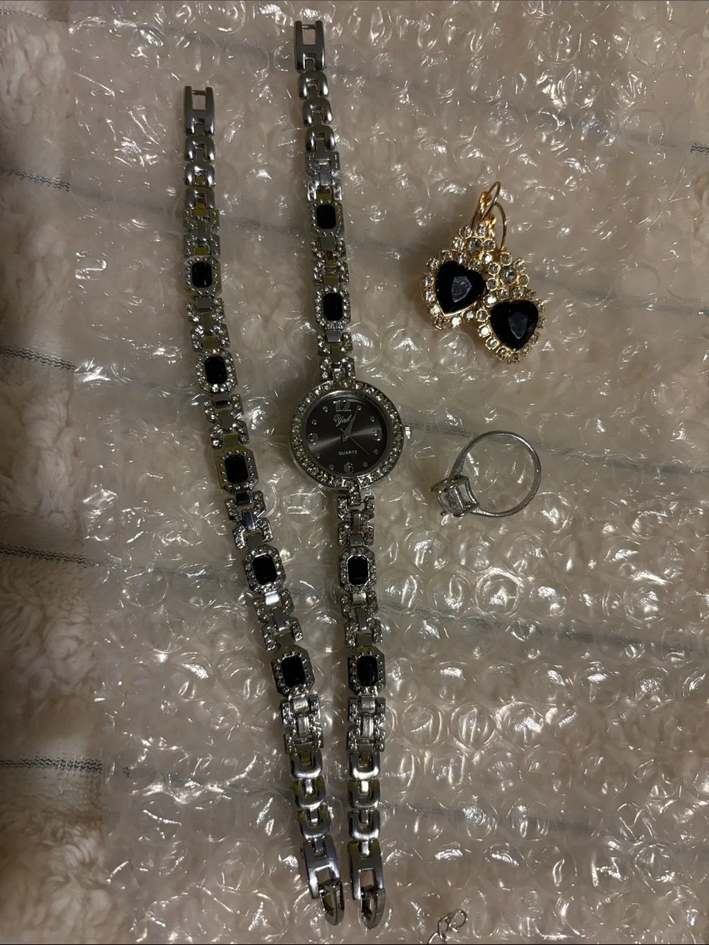 Silver-Tone Bracelet & Watch with Black Crystal Accents earrings & ring